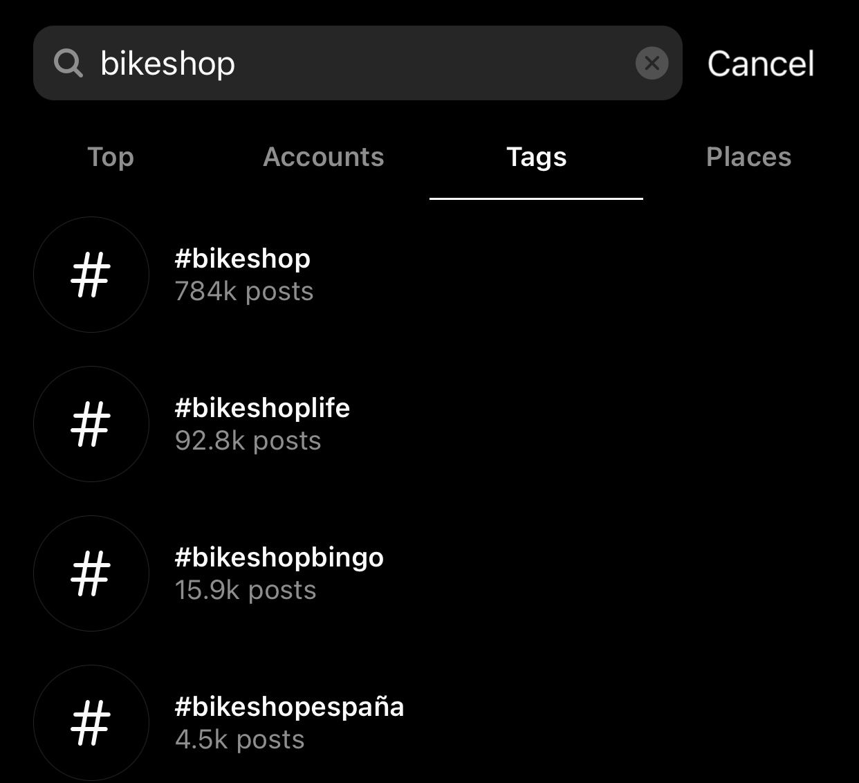 Some hashtags a bike shop may use on Instagram.