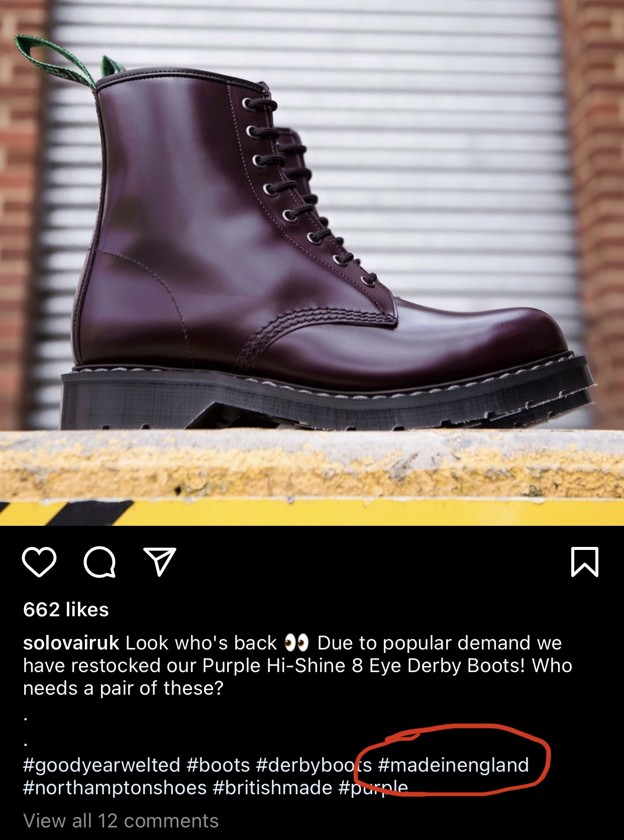 An example of an Instagram post using the hashtag #madeinengland that shows a photo of boots made by a company in England.